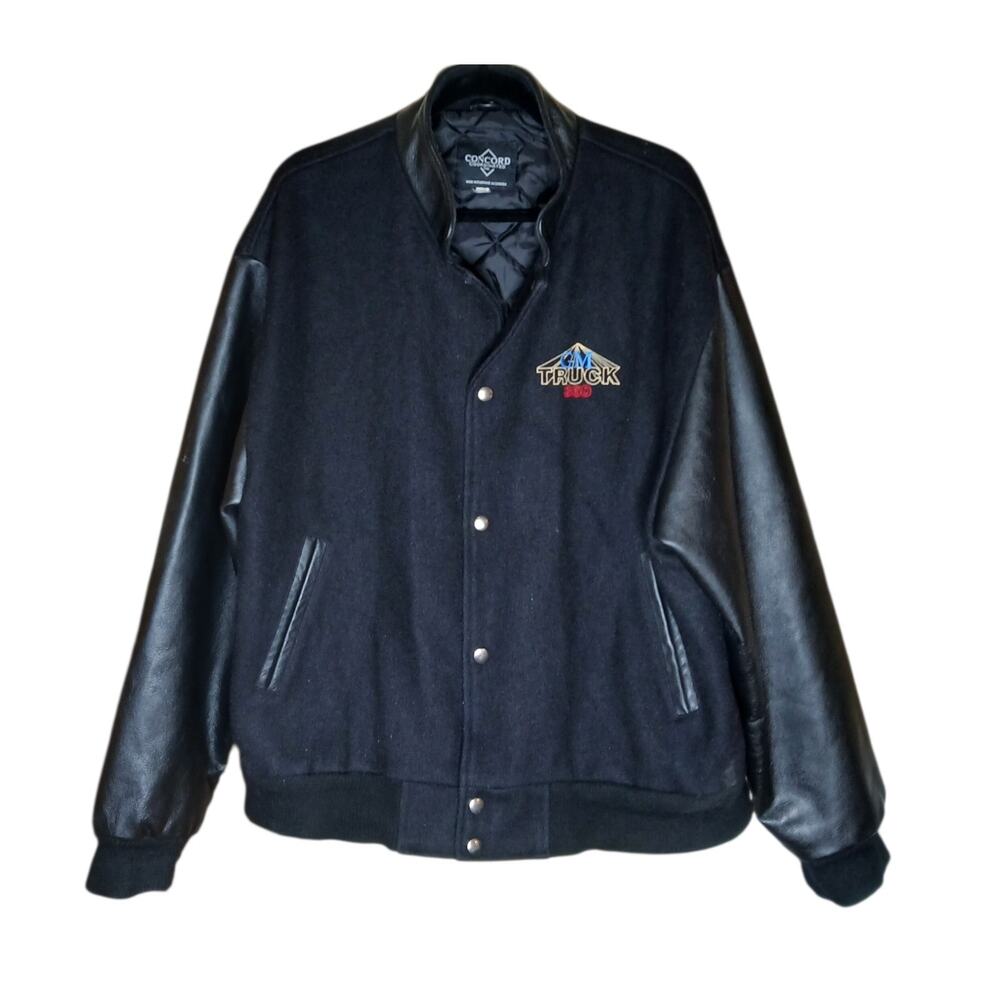 Vintage Mens XL GM Truck‎ 360 Varsity Jacket Black Leather Sleeves Full Snap